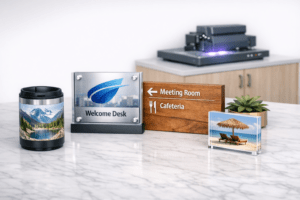 Auf einem hellen Tisch stehen ein bedruckter Thermobecher mit Bergsee‑Foto, ein Acrylschild mit „Welcome Desk“ und eine Holz‑Hinweistafel mit „Meeting Room“ und „Cafeteria“. Im Hintergrund steht ein UV‑Drucker auf einem Sideboard mit dezent violettem Lichtschein